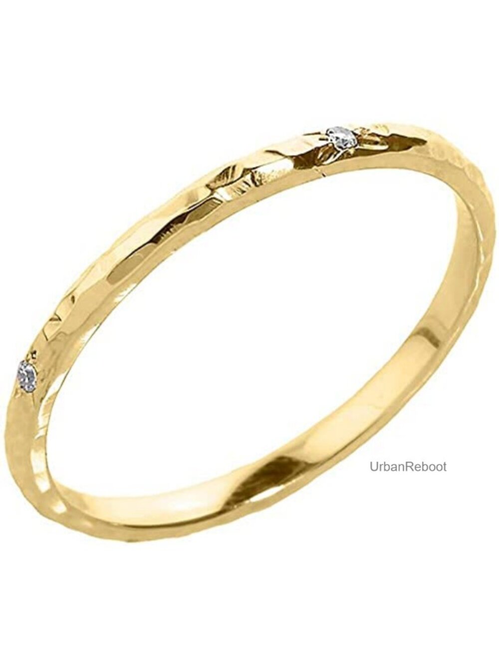 14K Yellow Gold Stackable Ring, Hammered, Flush Set Diamonds, Round Cut J-K
